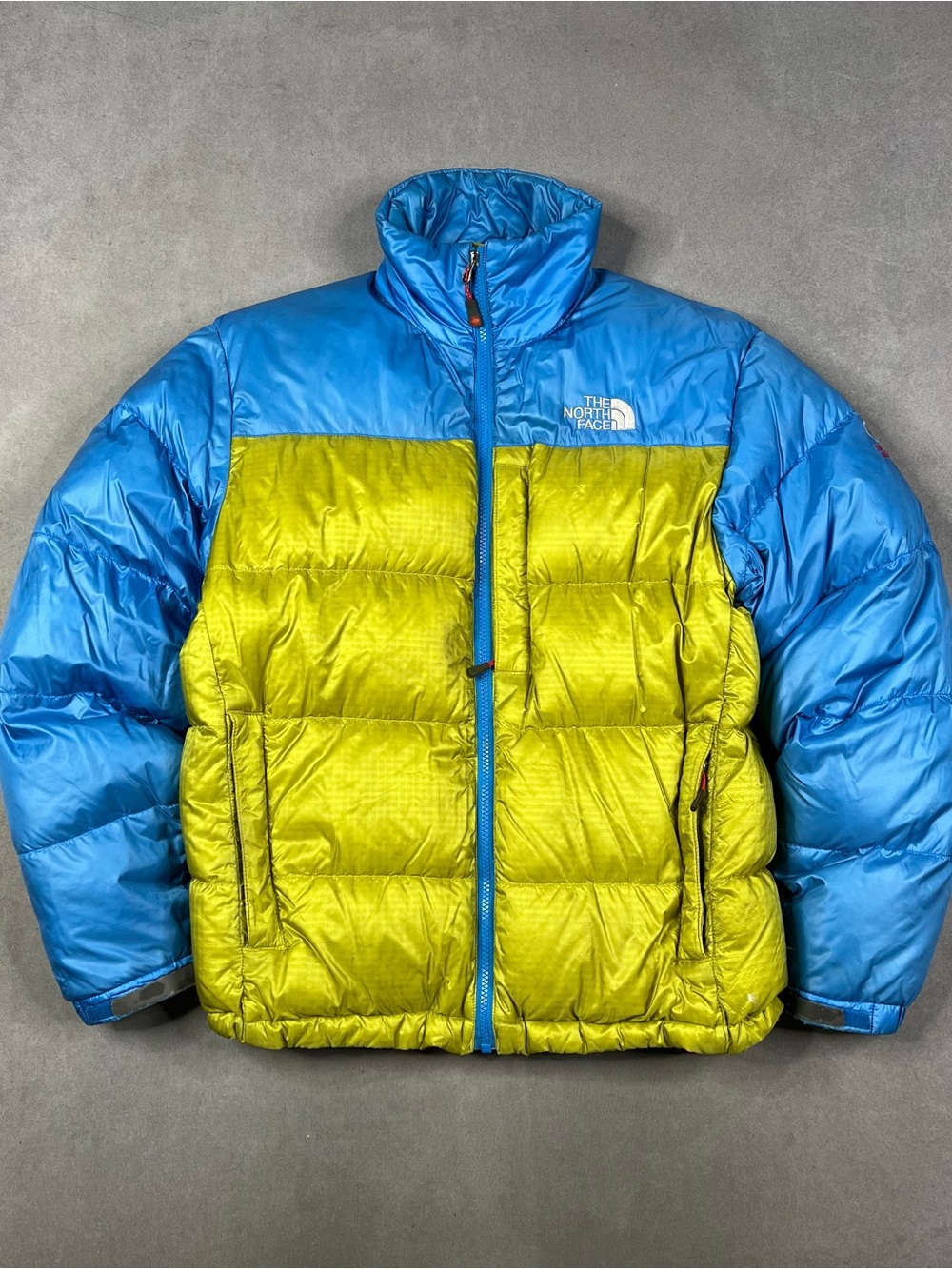 The North Face 700 Fill Down Puffer Jacket Color Block Blue & Yellow Medium
